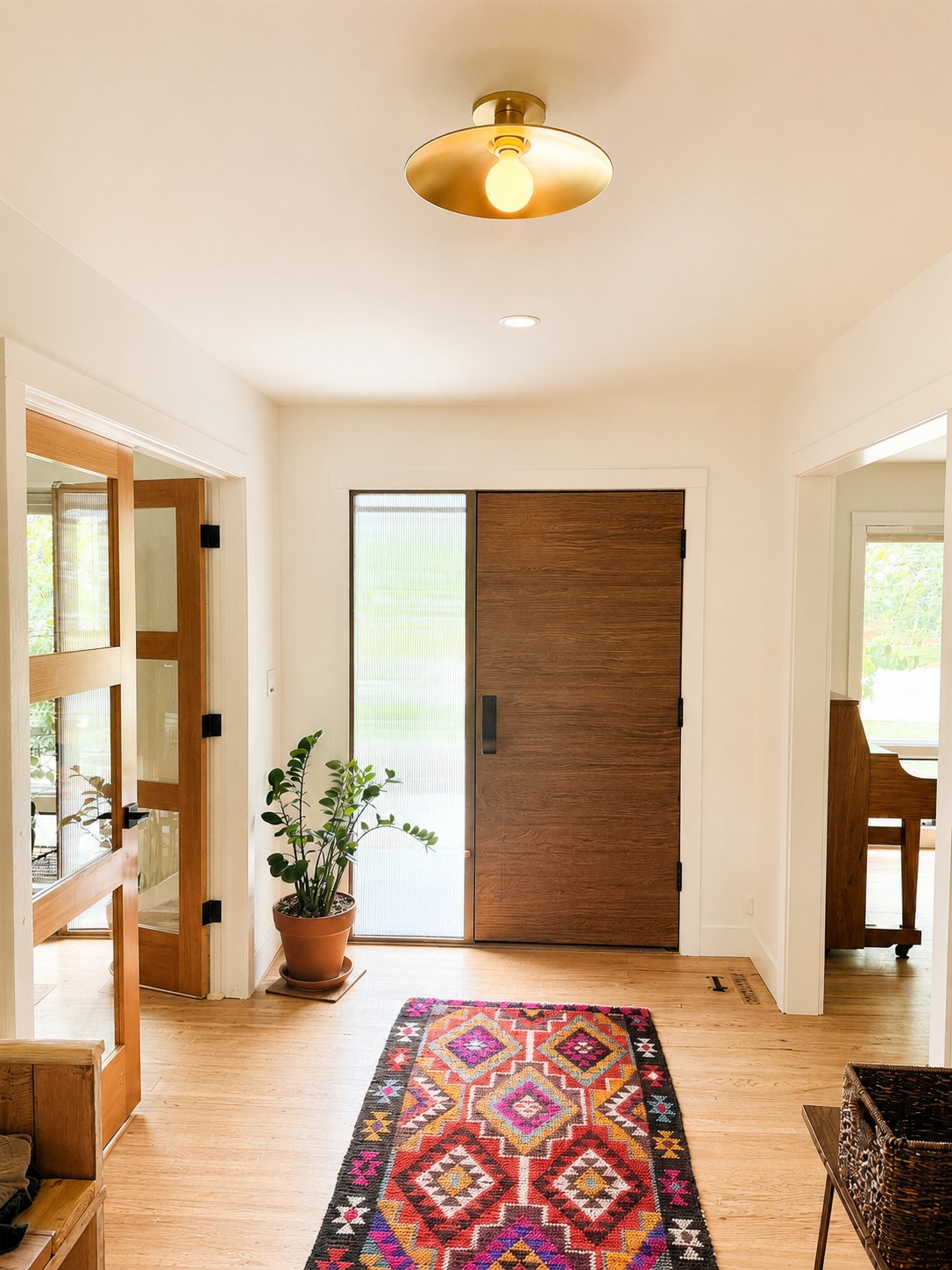 Entryway with custom wood front door and oak floors