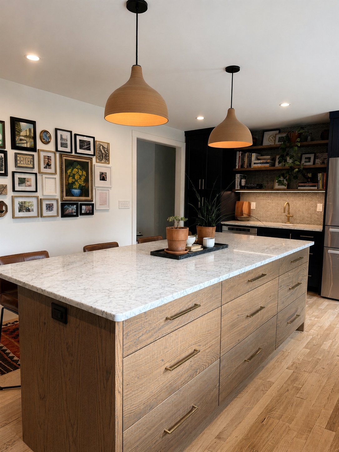 Custom kitchen island with quartz counters and white oak cabinetry, Fort Collins